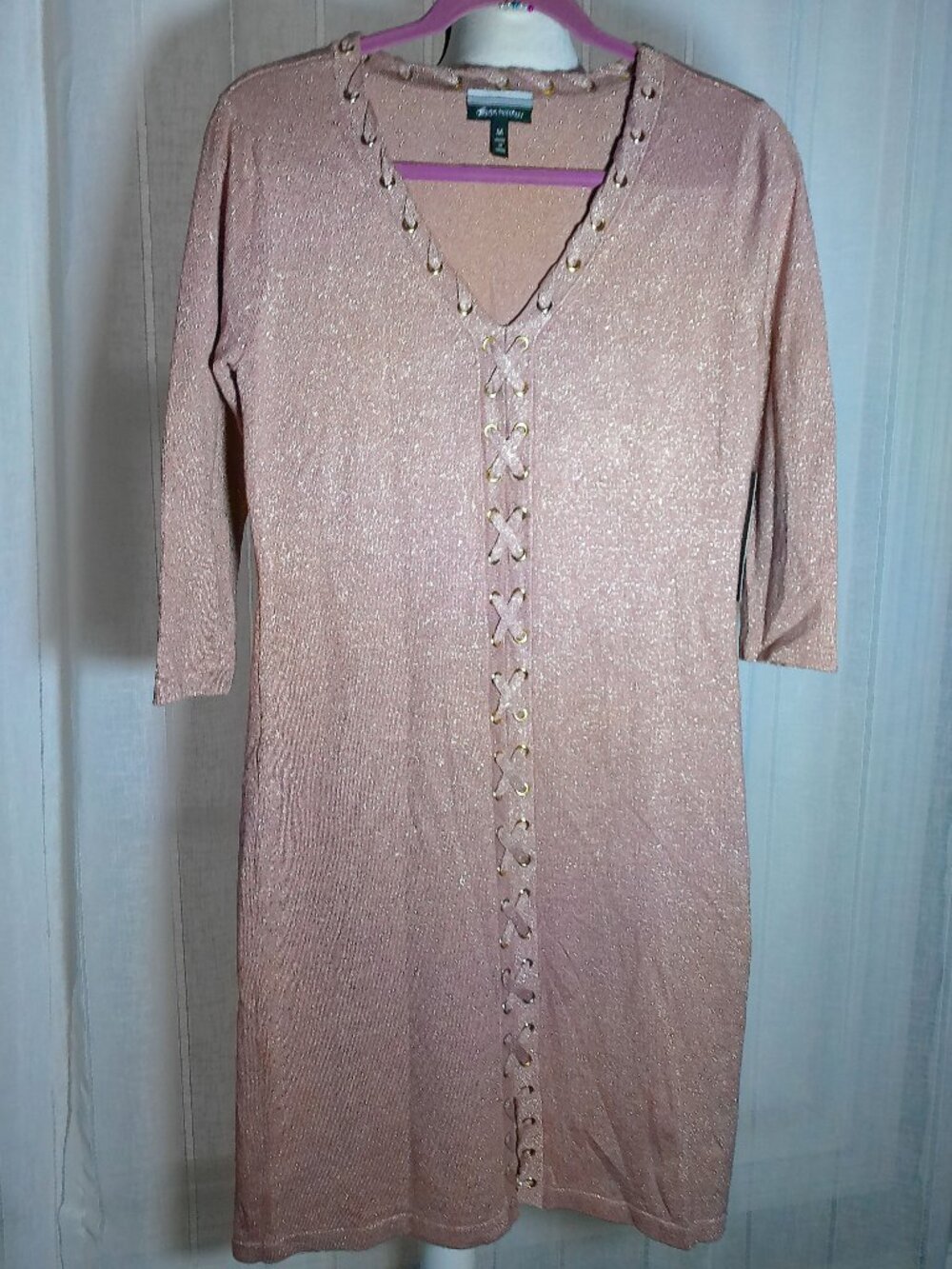 ALLISON BRITTNEY NWT Elbow Sleeve V-Neck Rose Gold Shimmer Midi Dress M